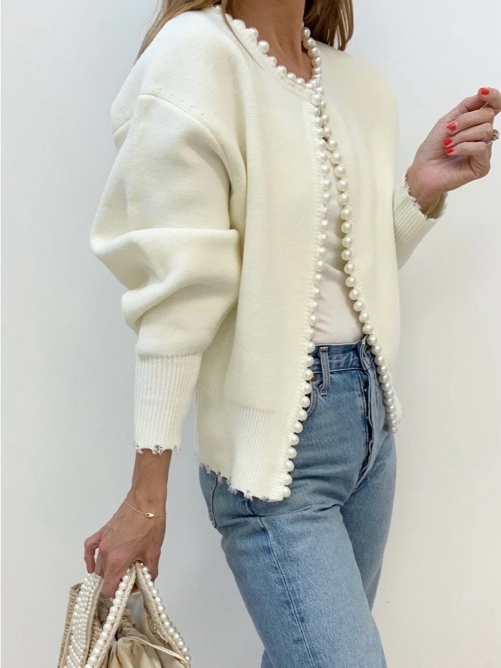 Commense White Pearl-Edged Knit Cardigan